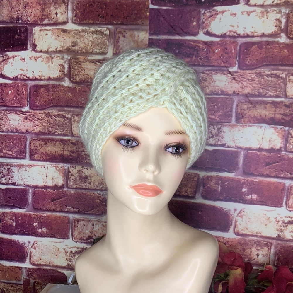 Vintage Soft Oatmeal Color Hand Knit Turban Style Winter Hat